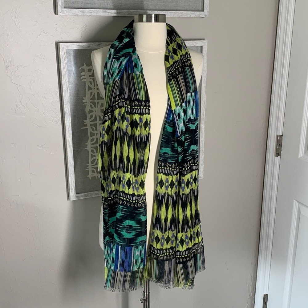Thread 4 Thought modal scarf with fluorescent green, blue, black and teal print